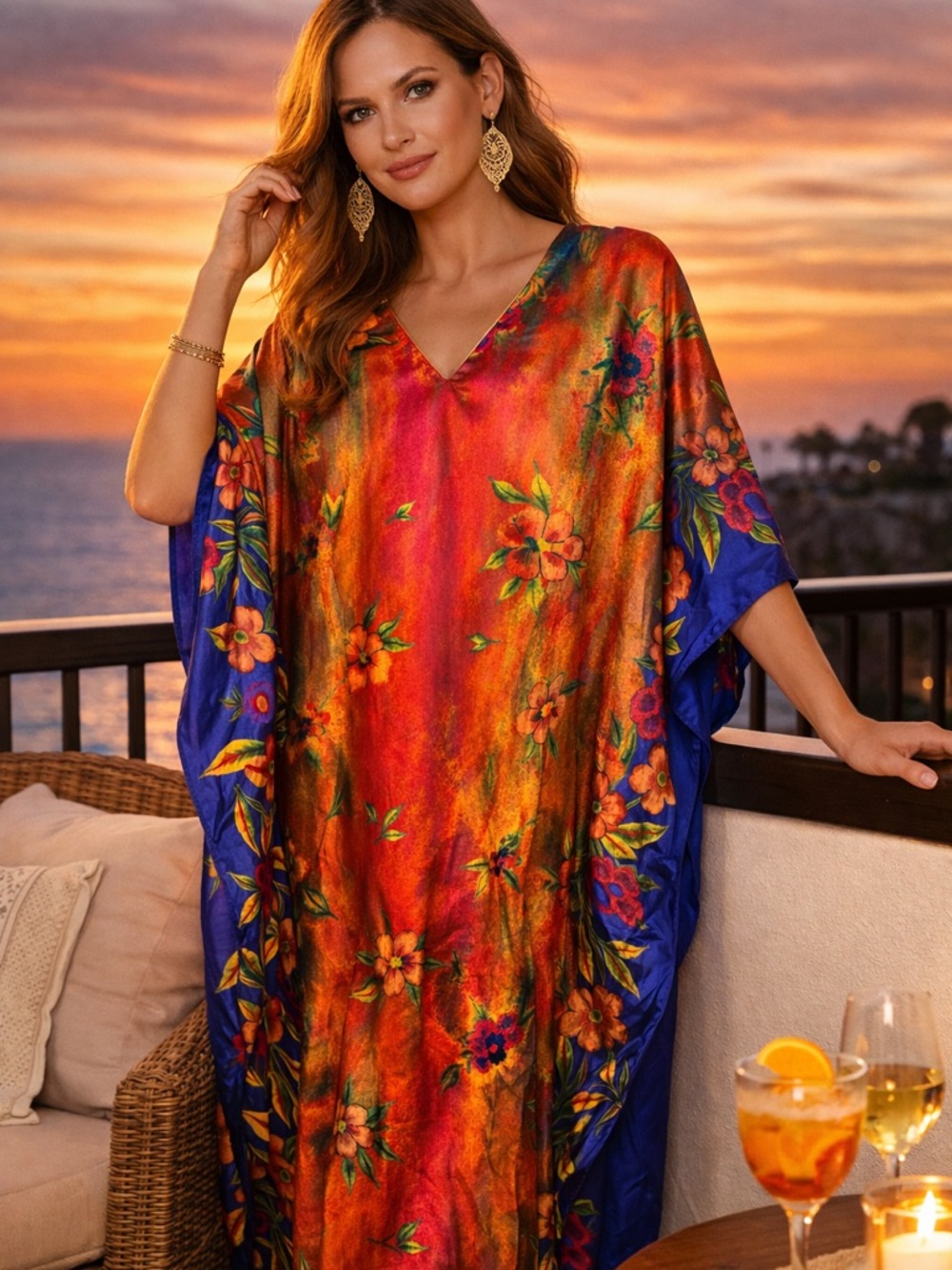 Women's Floral Maxi Caftan Dress - Orange Multi